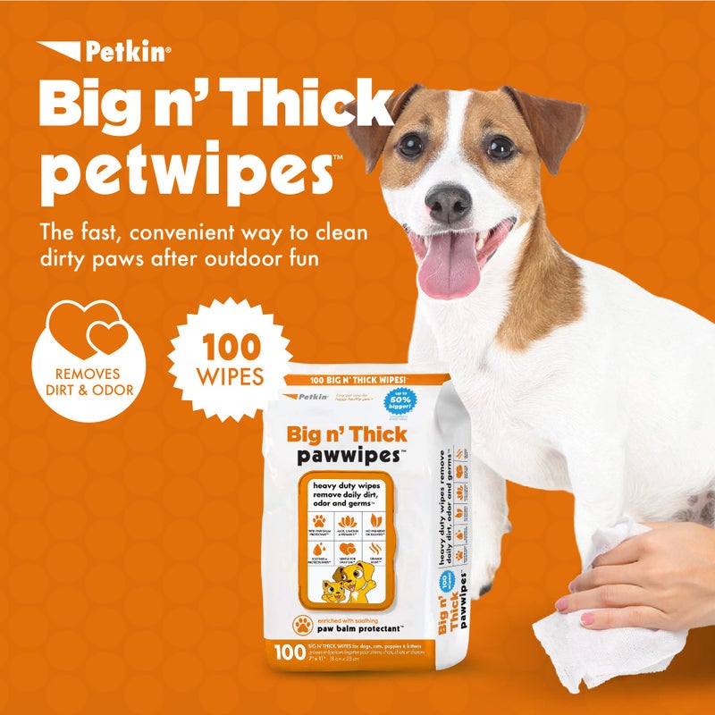 Petkin Big N' Thick Paw Wipes for Dogs, 100 Large Wipes - Clean Dirty Paws After Muddy Walks, with Paw Balm Protectant - Keep Floors and Furniture Clean - Ideal for Home or Travel - Orange Scent - Image 2